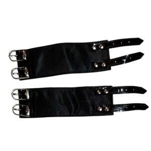 Pair of Black Satin Cuff Bracelets w 2 Patent Leather Silver Buckle Closures
